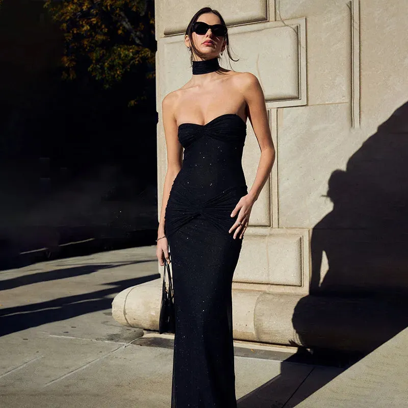 LVSANW Apprabant Sequins Mesh Spliced Vestido Fashionable Sexy Sheer Strapless Sleeveless Folds Slim Fit Backless Wrapped Hip Dress