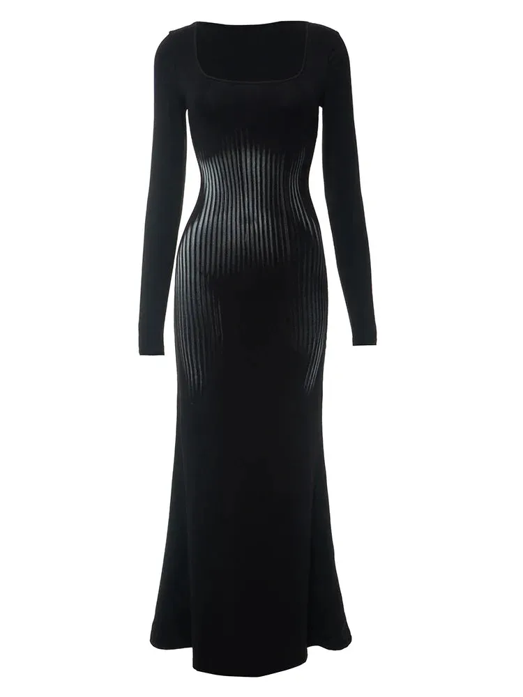 LVSANW CUTENOVA Women Square Collar Long Sleeve Dress High Waist Abstract Sexy Stripe Body Print Dress Casual Wrap Hipster Mermaid Dres