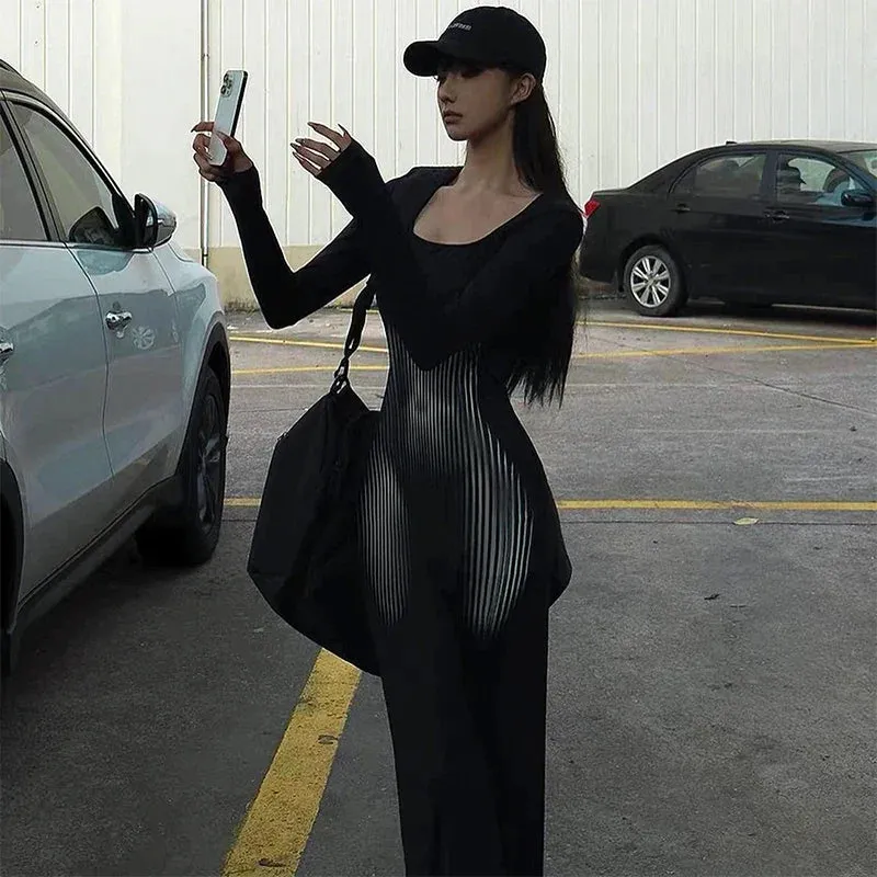 LVSANW CUTENOVA Women Square Collar Long Sleeve Dress High Waist Abstract Sexy Stripe Body Print Dress Casual Wrap Hipster Mermaid Dres