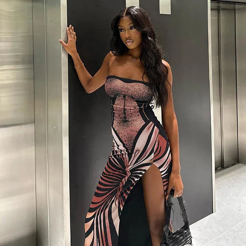 LVSANW CUTENOVA Women Vintage Butterfly Oil Painting Print Dresses Wrap Strapless High Split Dresses Prom Casual Gowns