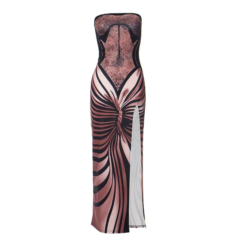 LVSANW CUTENOVA Women Vintage Butterfly Oil Painting Print Dresses Wrap Strapless High Split Dresses Prom Casual Gowns