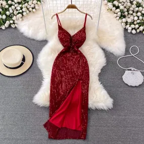 Maria Sequin Shiny Slit Dress