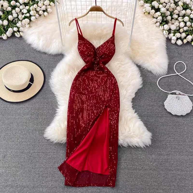Maria Sequin Shiny Slit Dress