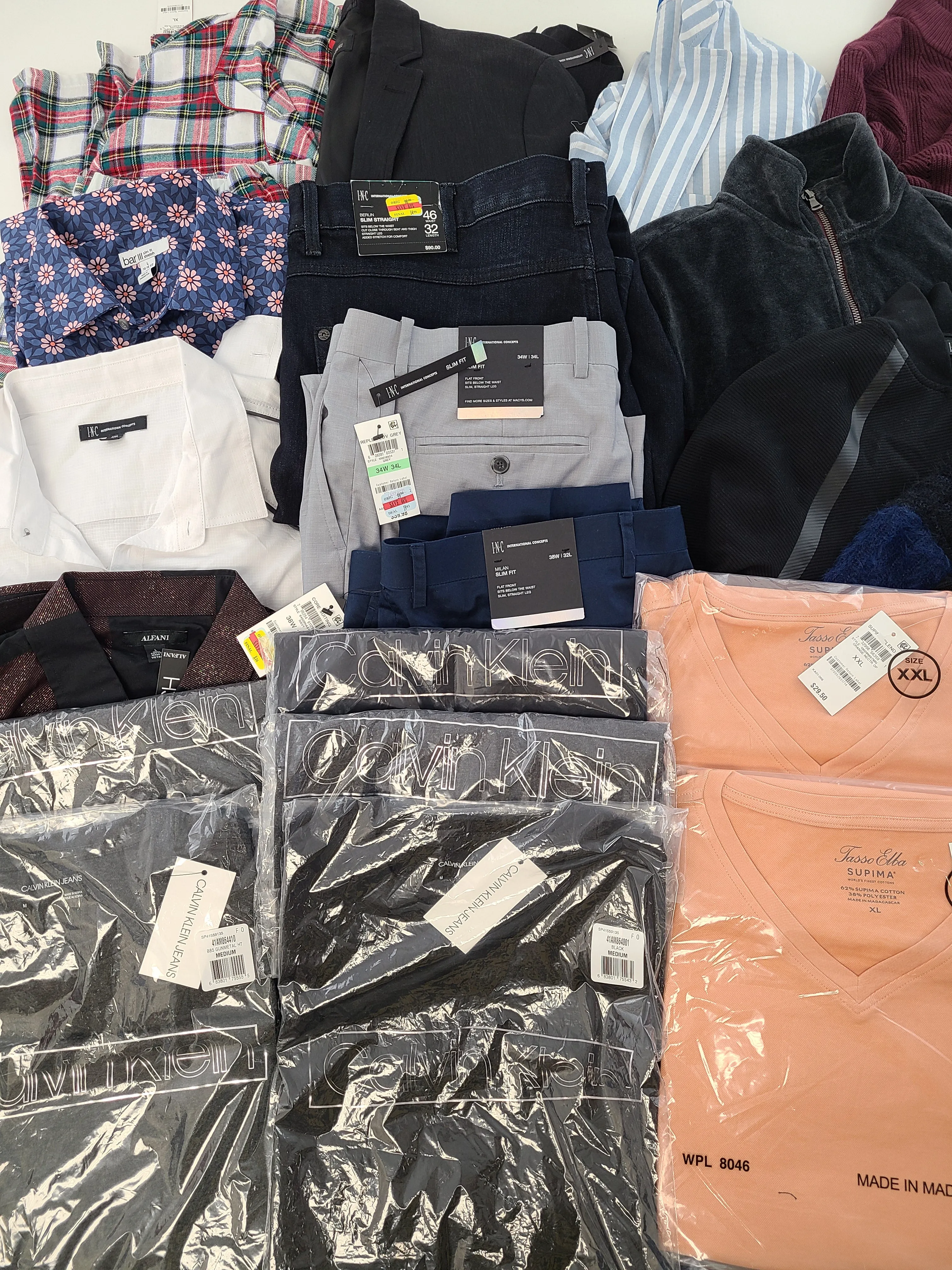 Men's Clothing Wholesale Lot Calvin Klein, Tasso Elba, American Apparel, Bar lll, INC, Alfani and more, 26 Units, Shelf Pulls, MSRP $1,567.49