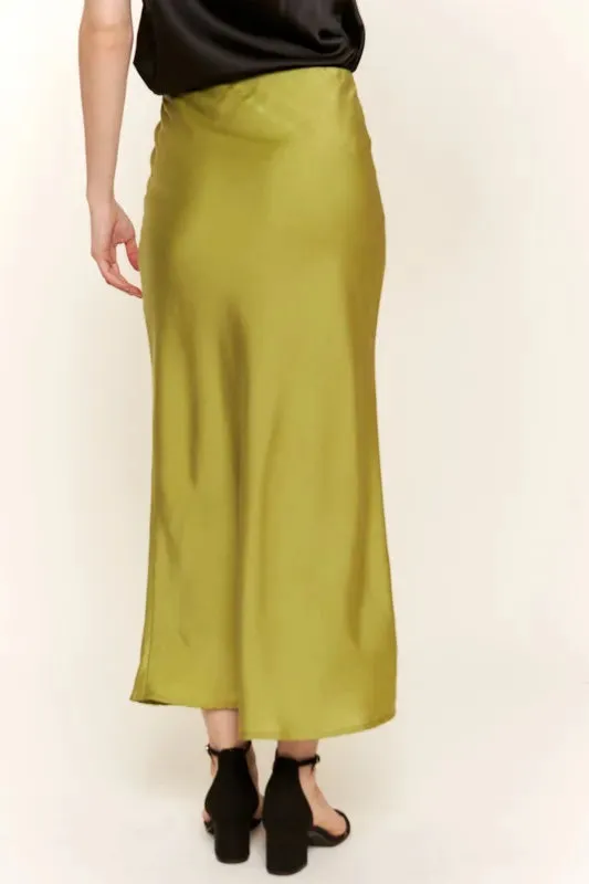 Olive Green Satin Midi Skirt