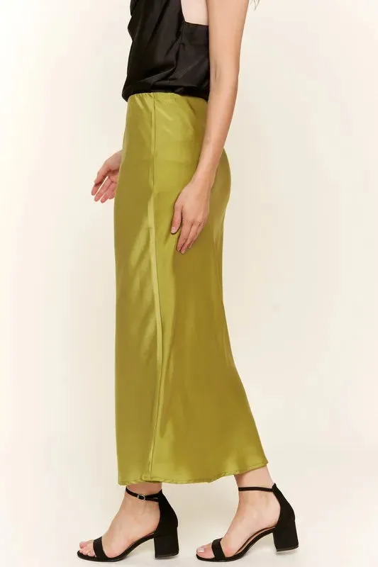 Olive Green Satin Midi Skirt