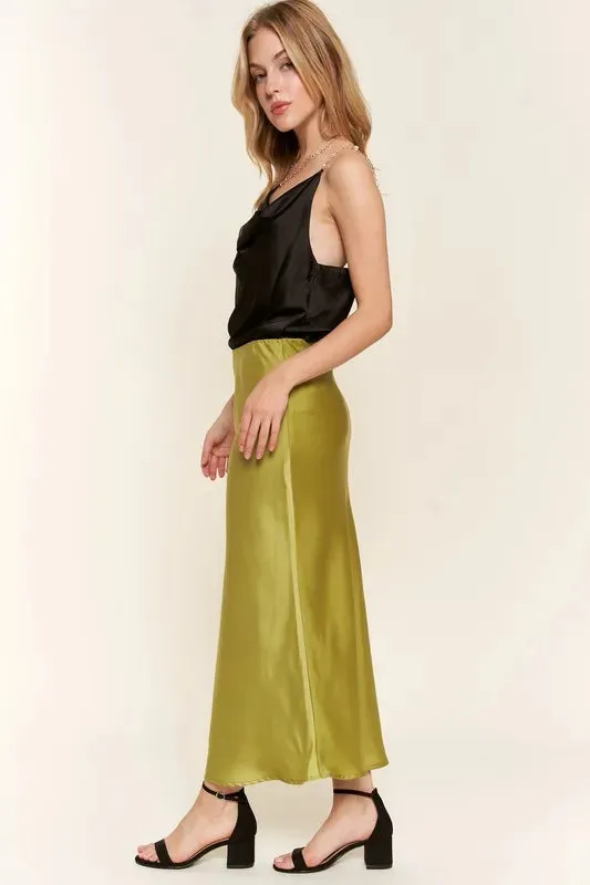 Olive Green Satin Midi Skirt