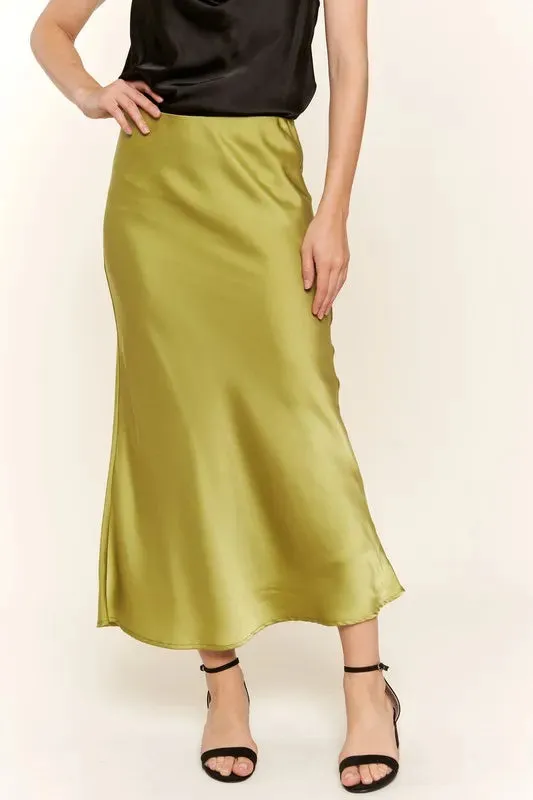Olive Green Satin Midi Skirt