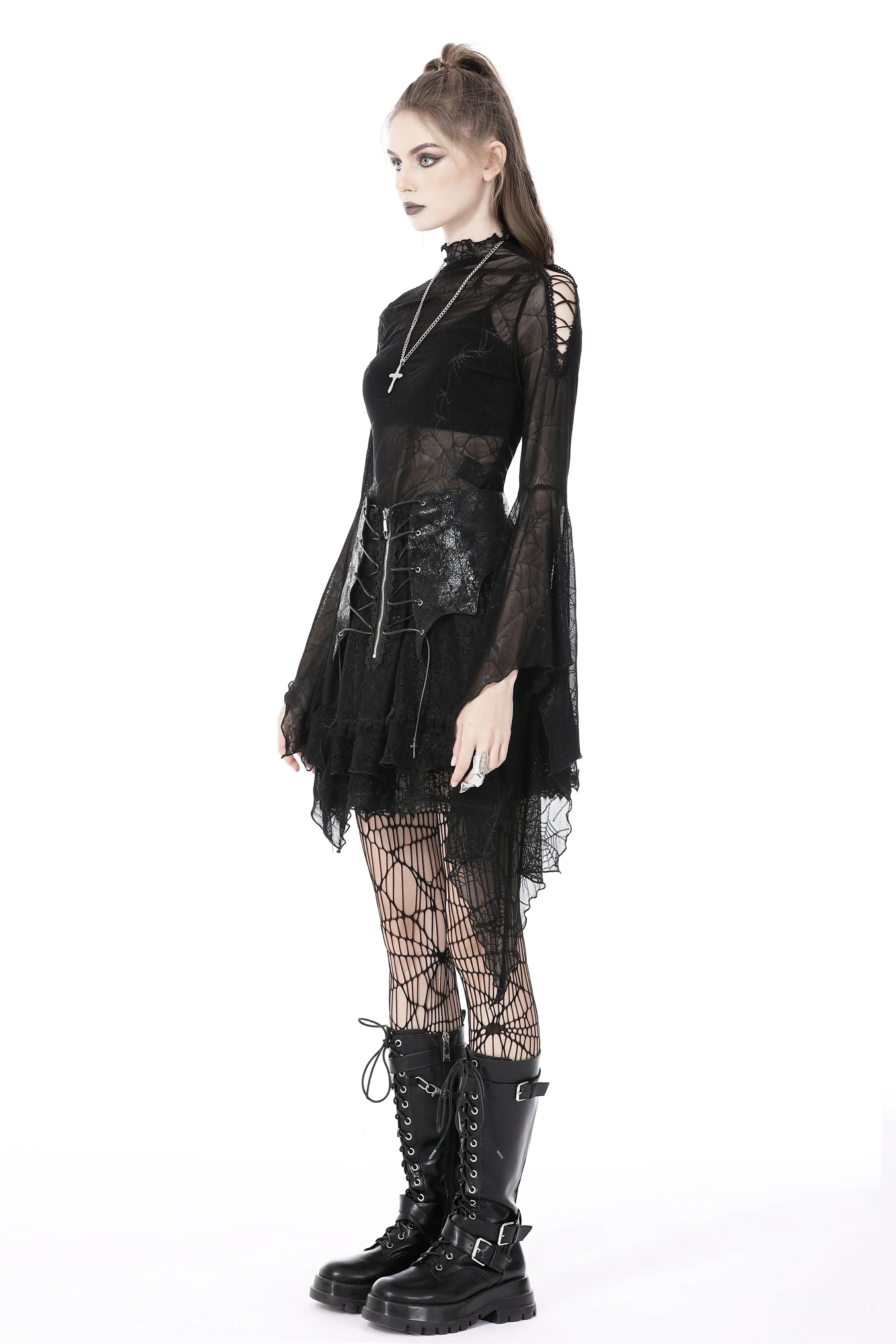 Punk rock lace up shiny PU lace skirt KW258