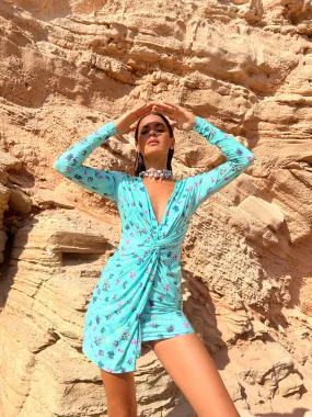 Raya Slinky Mini Dress in Turquoise Ditsy Floral
