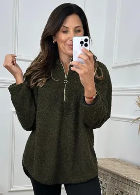 Ruth Khaki Teddy Half Zip Pullover