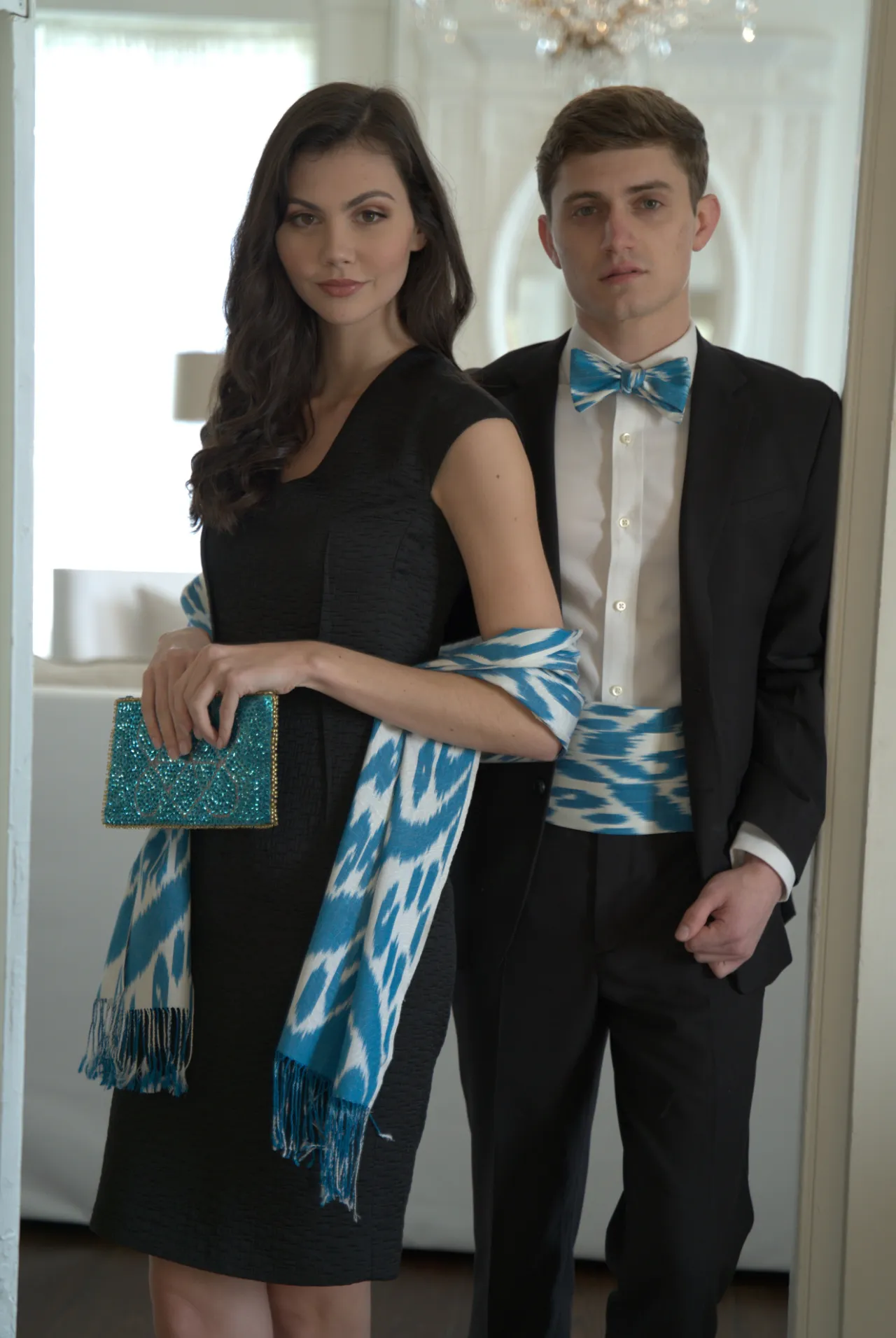 SALE- Calliope Silk Ikat Bow Tie - Turquoise Blue, White