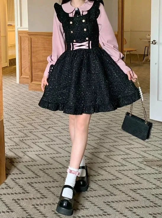 Shiny Pink Dolly Suspender Skirt Shirt