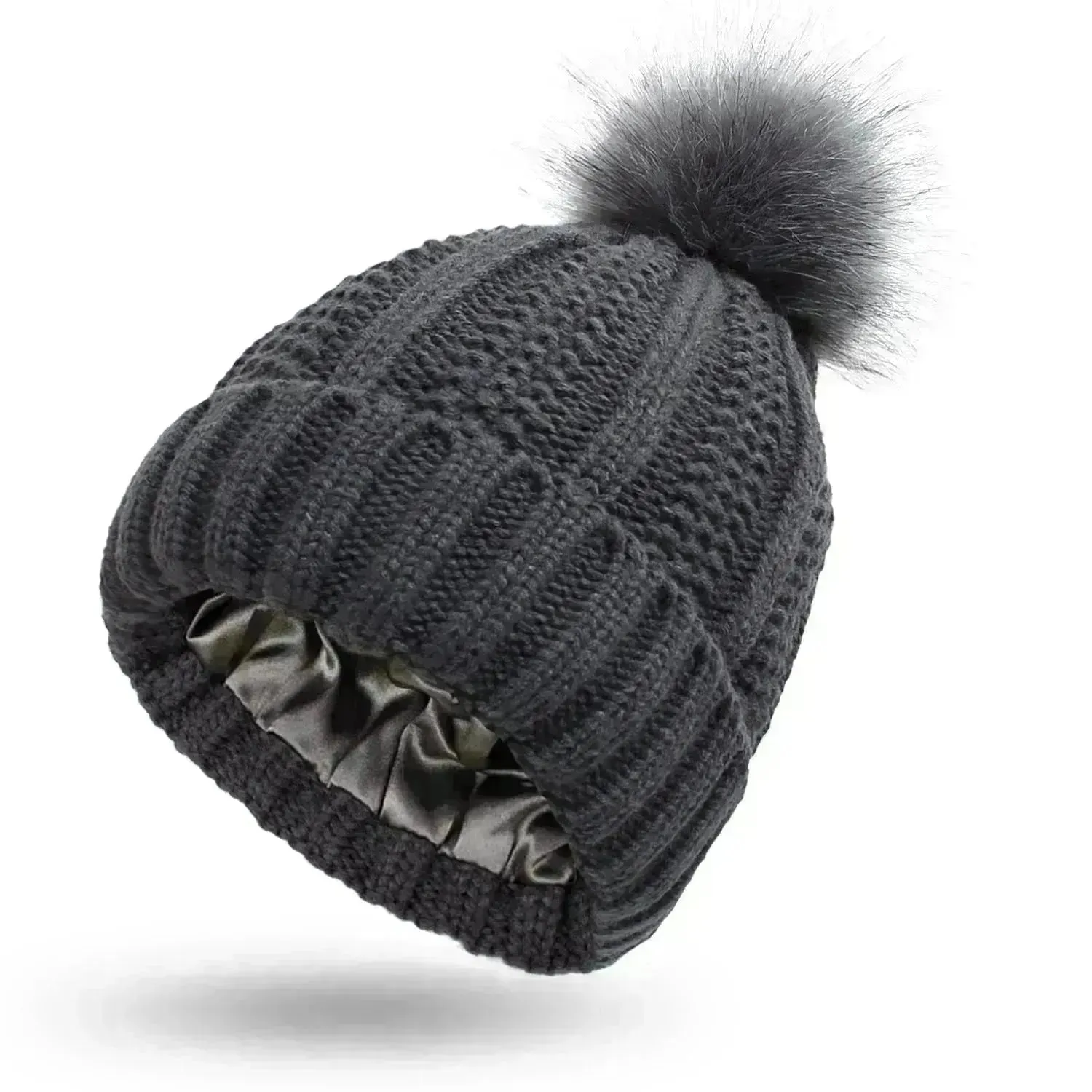 Stretchy Satin Lined Skull Knit  Faux Fur Pom Pom Beanie Hat