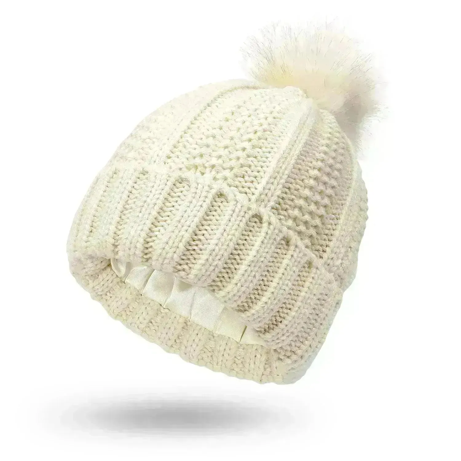 Stretchy Satin Lined Skull Knit  Faux Fur Pom Pom Beanie Hat