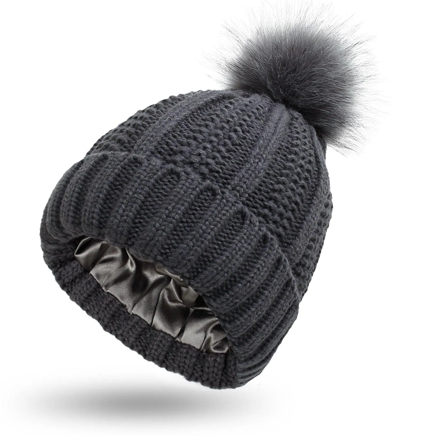 Stretchy Satin Lined Skull Knit hat Faux Fur Pom Pom