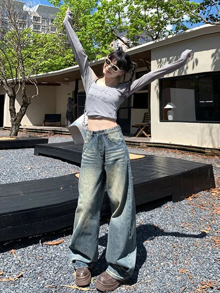 TAVIMART  -  French Style High Quality Bleached Washed Jeans Women Sexy High Waist Wide Leg Pants Winter Design Casual Cozy Denim Trousers