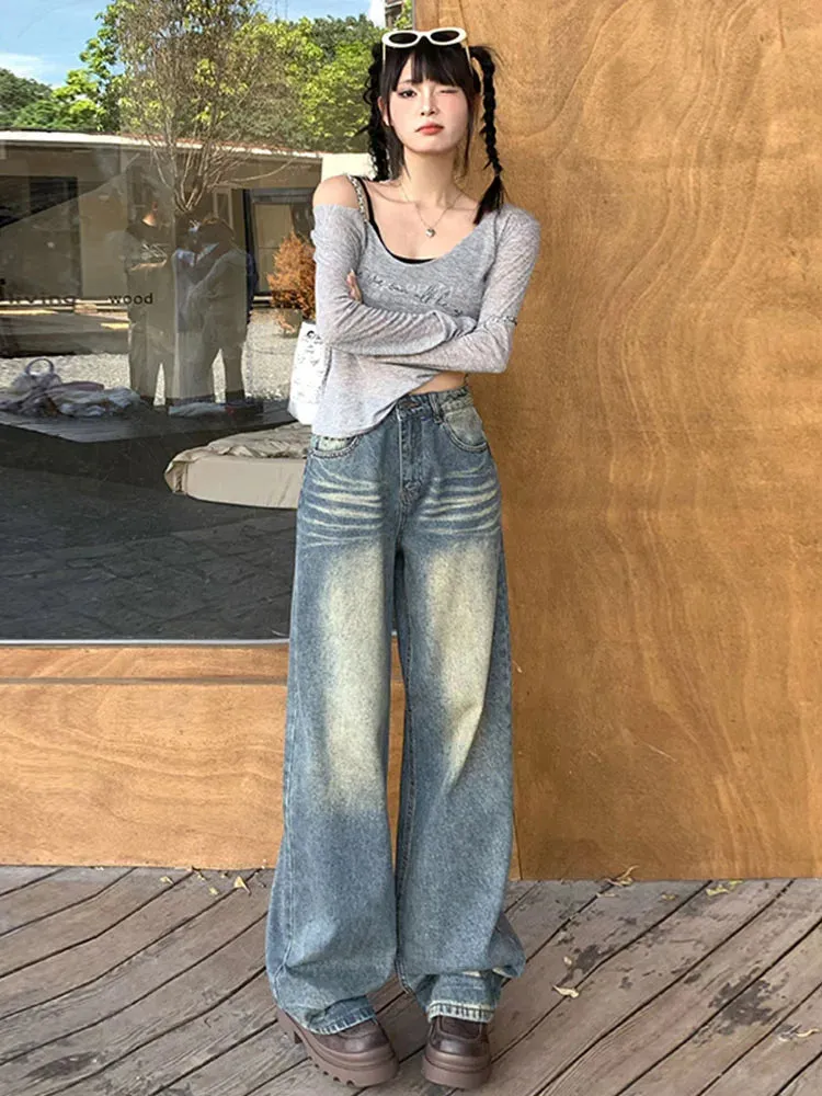 TAVIMART  -  French Style High Quality Bleached Washed Jeans Women Sexy High Waist Wide Leg Pants Winter Design Casual Cozy Denim Trousers