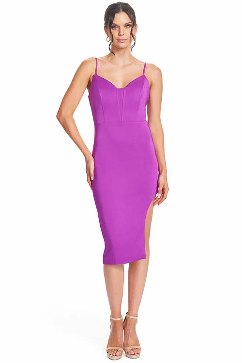 Va Va Voom Dress - Pointed Bodice Satin Midi Body-Con Dress With Side
