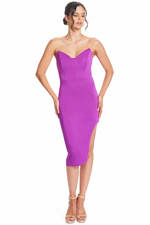 Va Va Voom Dress - Pointed Bodice Satin Midi Body-Con Dress With Side