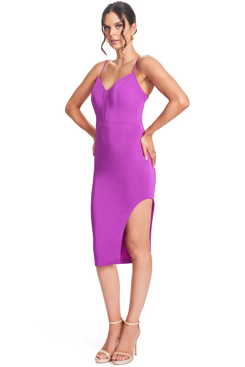 Va Va Voom Dress - Pointed Bodice Satin Midi Body-Con Dress With Side