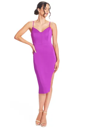 Va Va Voom Dress - Pointed Bodice Satin Midi Body-Con Dress With Side