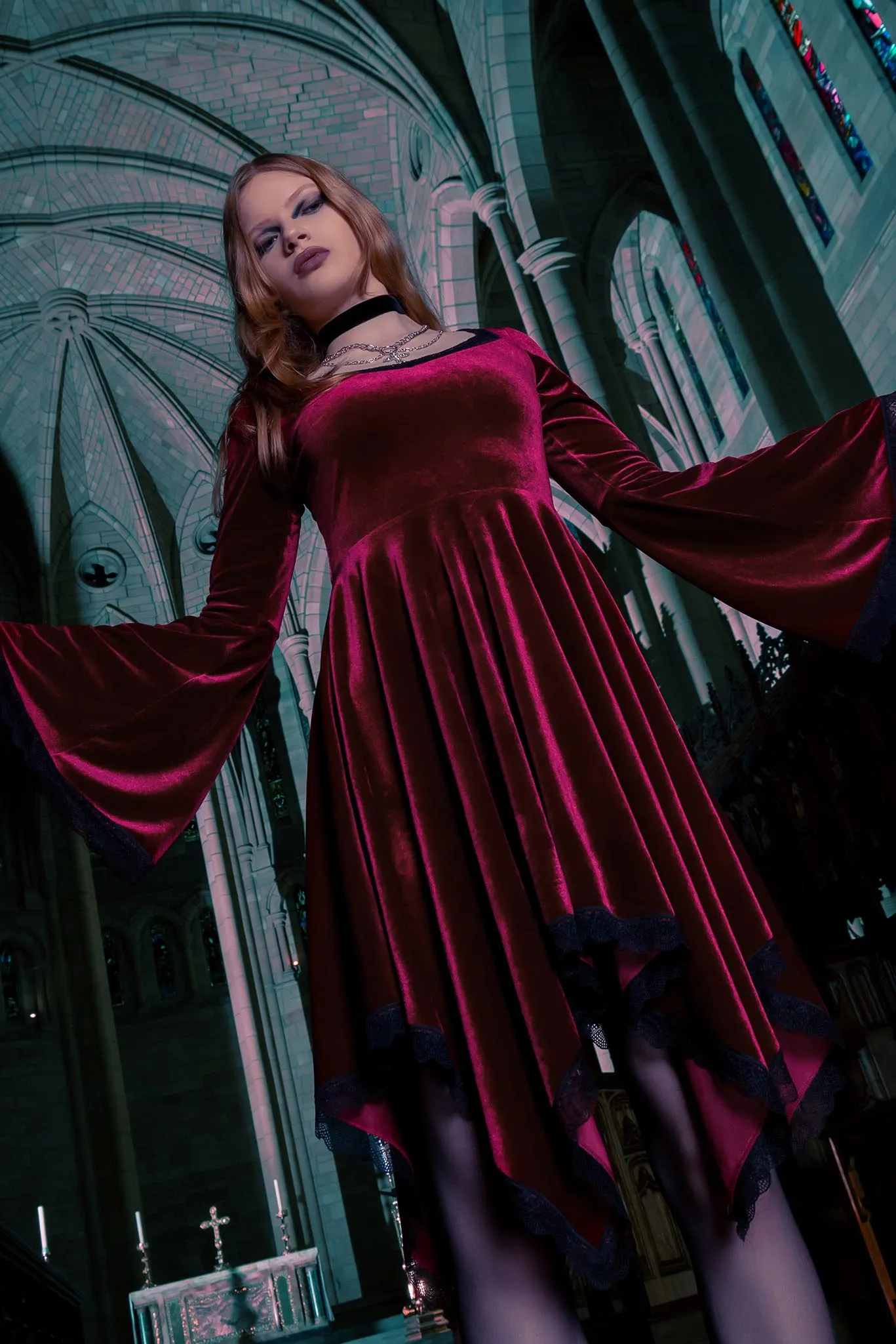Velvet Wine Spectre Waterfall Dress