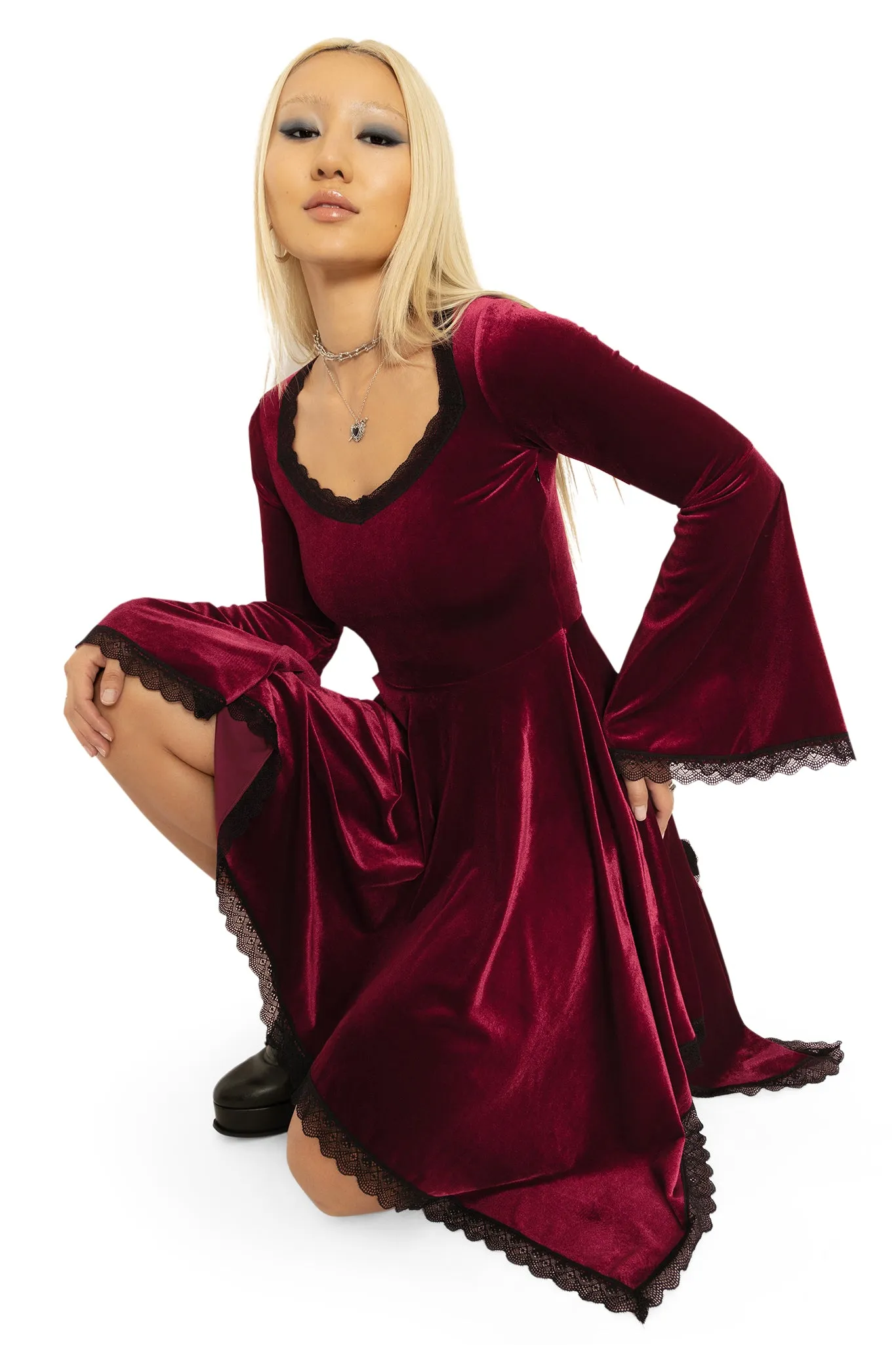 Velvet Wine Spectre Waterfall Dress