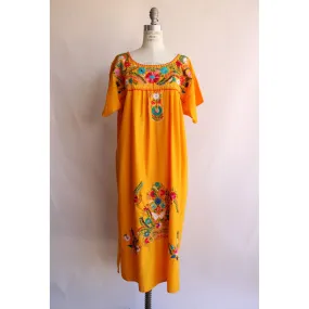 Vintage 1970s 1980s Yellow-Orange Mexican Embroidered Dress
