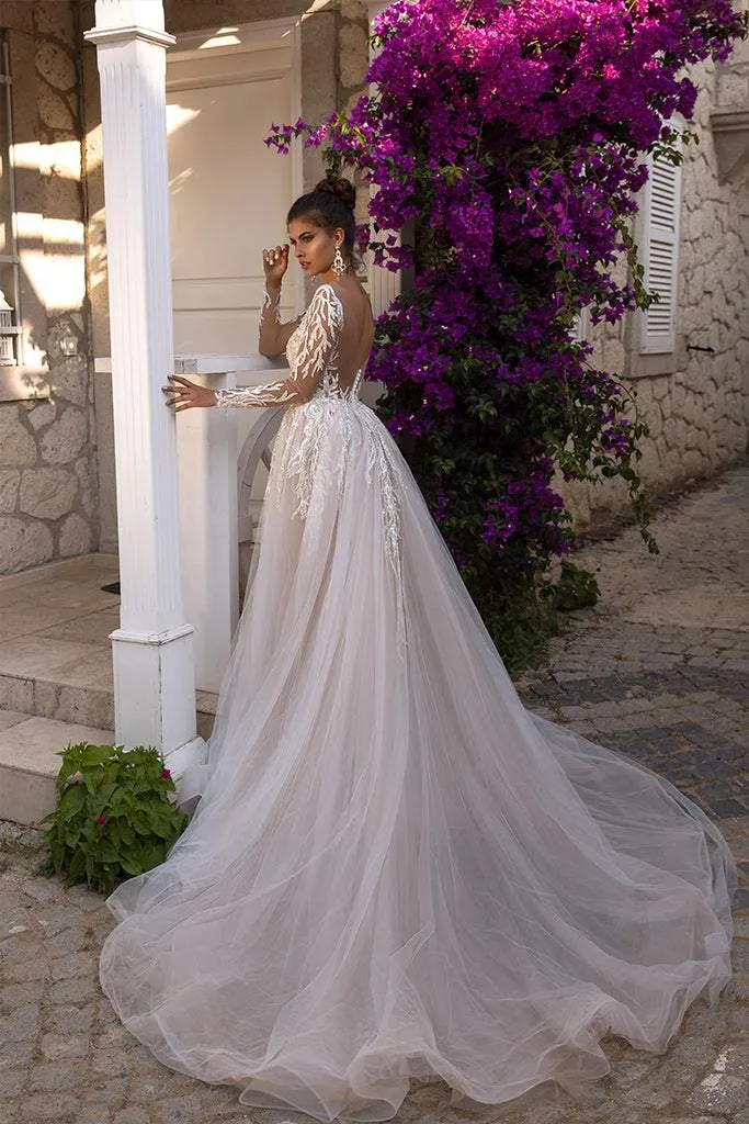 Wedding Dress With Shiny Lace Detachable Skirt