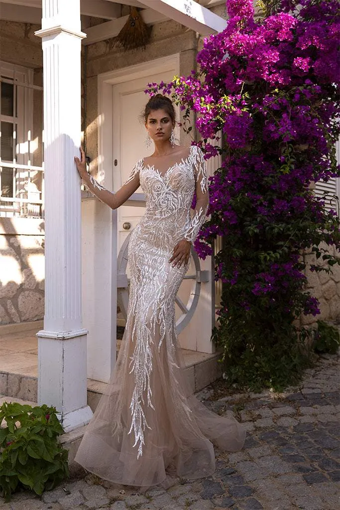 Wedding Dress With Shiny Lace Detachable Skirt