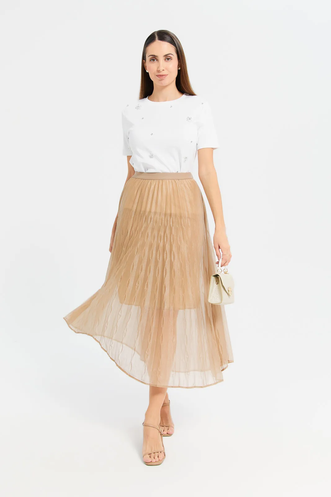 Women Tan Elasticated Mesh Skirt