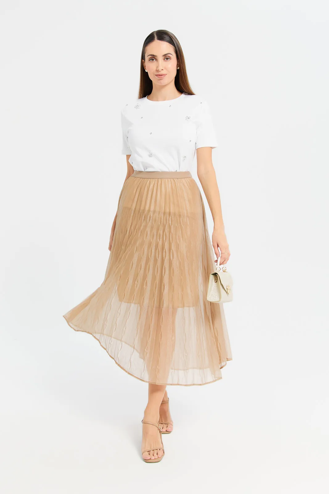 Women Tan Elasticated Mesh Skirt